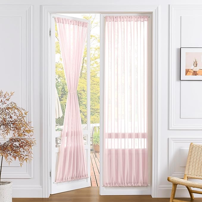 Tollpiz Sheer Door Curtain Closet Linen Textured Curtain Sheers Doorway Light Filtering Voile French Door Rod Pocket Curtains Patio Glass Door, 25 x 80 inches Long, Pink, Set of 1 Panel