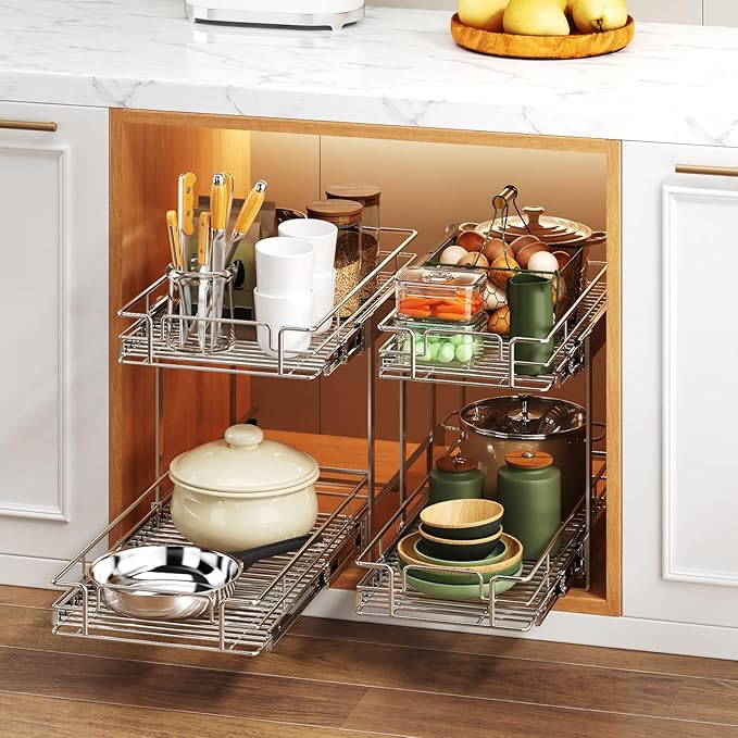 2 Tier Individual Pull Out Cabinet Organizer 10½" W x 21½" D, Heavy Duty Cabinet Pull Out Shelves, Slide Out Drawers Organization for Kitchen Cabinets Bathroom