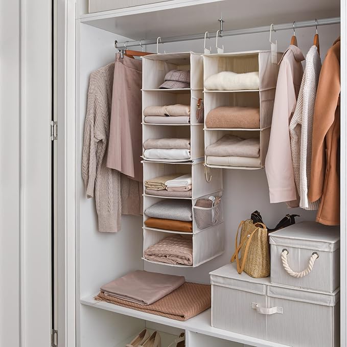StorageWorks 6-Shelf Closet Organizers, Two 3-Shelf Separable Hanging Shelves for Closet, 12" D x 12" W x 48 ¼"H, Mixing of Beige, White & Ivory