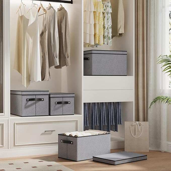 Storage Boxes, 15 x 9.8 x 8.3 Inch Baskets for Organizing with Lids, Fabric Bins with Handles, Decorative Linen Closet Organizers, Gray, 3 Pack