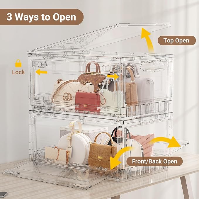 BROVIEW Clear Stackable Storage Bins Drawers, Open Front Large Plastic Storage Bins with Lids, Foldable Closet Organizers and Storage for Wardrobe Cabinets, Pantry, Makeup,4 Pack