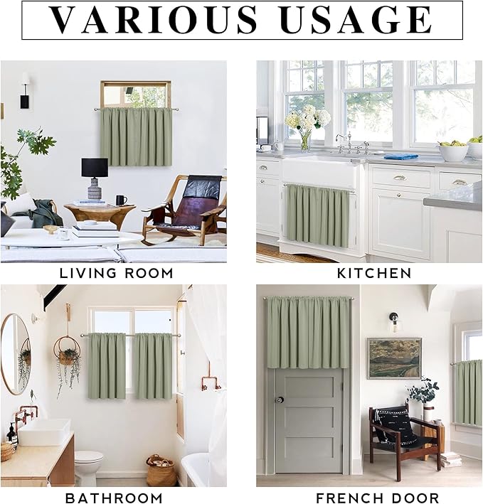 RYB HOME Small Curtains Blackout - Privacy Insulating Farmhouse Mini Curtains for Kids Bedroom RV Camper Windows Trailer Bathroom Kitchen Cabinet Door Window, W 29 x L 36, Sage Green, 2 Panels