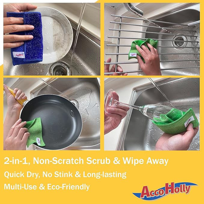 24 Pack Microfiber Scrub Dish Cleaning Cloth, Non-Scratch, Reusable & Durable for Dish Pan Pot Cooktop Stovetop Counter Kitchen, Machine Washable, 5.5 x 5.5 Inch, Blue & Green Color Assorted