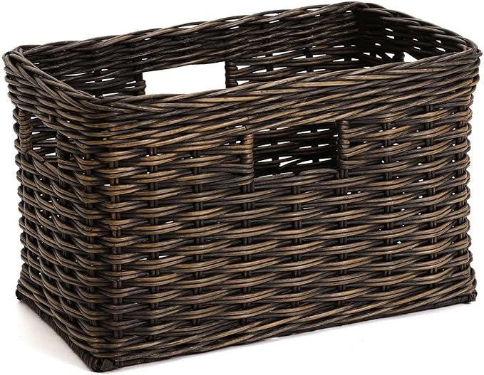 The Basket Lady Tall Rectangular Wicker Storage Basket, Small, 16.5 in L x 10.5 in W x 10.5 in H, Antique Walnut Brown