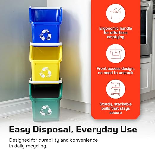 6 Gallon Stackable Recycling Bins for Homes, Garages, Offices Made of 100% Recycled Plastic - (Yellow, 12 Pack)