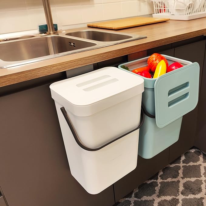 stonespace Hanging Trash Can, 3.2 Gallon/12L Small Waste Bin with Lid for Kitchen Cabinet Door or Under Sink, Bathroom Trash Bin with Lid, Food Waste Bin, 1 Pack White