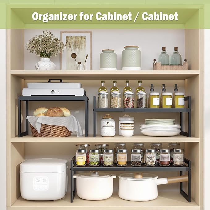 DOLALIKE Expandable kitchen Countertop Organizer, Stackable Cabinet Shelf Organizers, Space Saving Spice Rack Pantry Storage for Bathroom Office Organization (Black, 2 Pack)