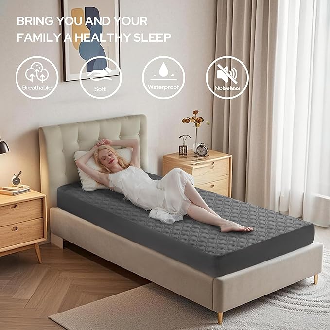 BEDLORE Waterproof Mattress Protector, Noiseless Twin Size Mattress Pad with Deep Pocket Fitted Up to 6"-15", Soft Breathable Dirt-Proof Single Bed Mattress Cover for Bedroom (Gray)