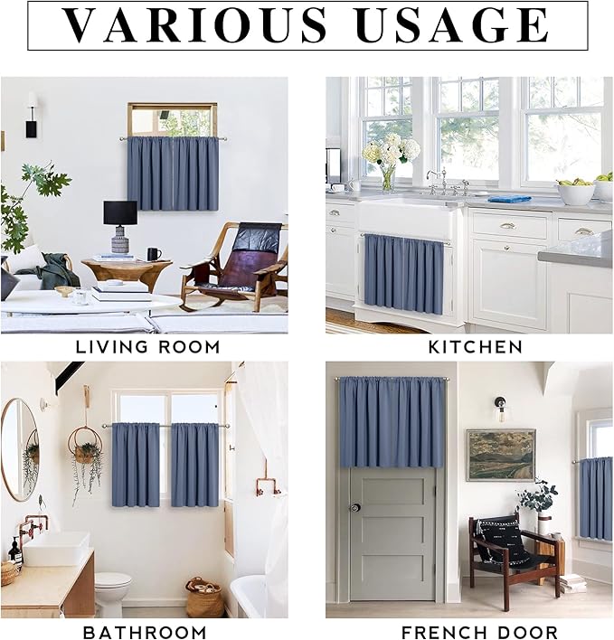 RYB HOME 45 inch Curtains for Kitchen Room Darkening Privacy Mini Curtain for RV Camper Bathroom Small Window, Width 29 x Length 45 inch, 2 Panels Set, Stone Blue