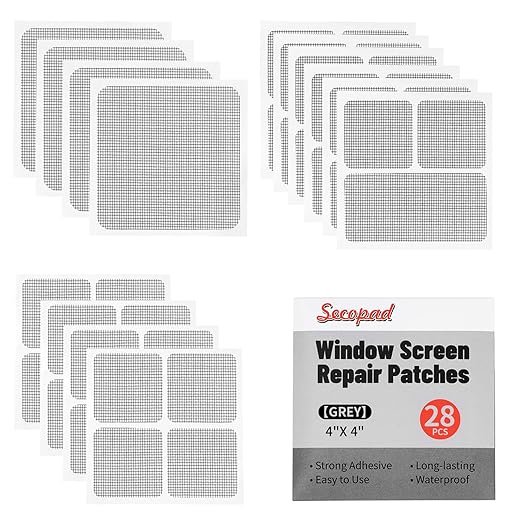 28 Sheets Window Screen Patches Repair Kit, Grey/Black 3 Sizes Window Screen Repair Kit for Mesh Screen Door, Strong Adhesive Fiberglass Quick Screen Repair Tape