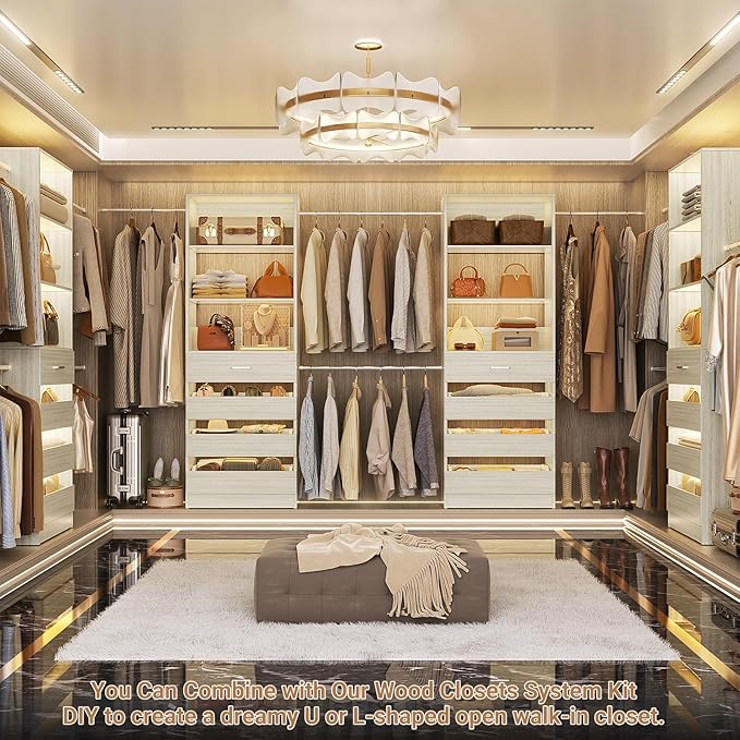 Aheaplus Closet System, 6-15Ft Closet Organizer with 8 Wooden Drawers, Wood Closet Organizer System with Tower, Walk-in Closet Organizer Wardrobe Garment Clothes Rack with 4 Hanging Rods, White Oak