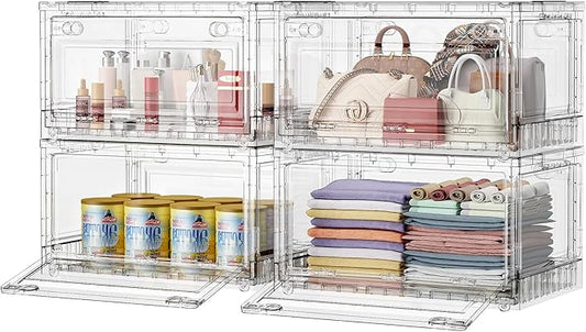 BROVIEW Clear Stackable Storage Bins Drawers, Open Front Large Plastic Storage Bins with Lids, Foldable Closet Organizers and Storage for Wardrobe Cabinets, Pantry, Makeup,4 Pack