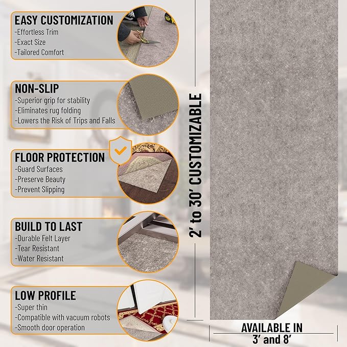 Ottomanson 8' x 9' Non-Slip Rug Pad Gripper 1/4 Inch Thick Dual Surface Felt + Rubber Gripper - Safe for All Floors, Brown