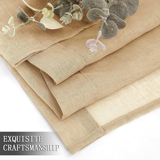 Tollpiz Sheer Curtains Linen Textured Bedroom Curtain Sheers Light Filtering Rod Pocket Voile Curtains for Living Room, 54 x 63 inches Long, Beige, Set of 2 Panels