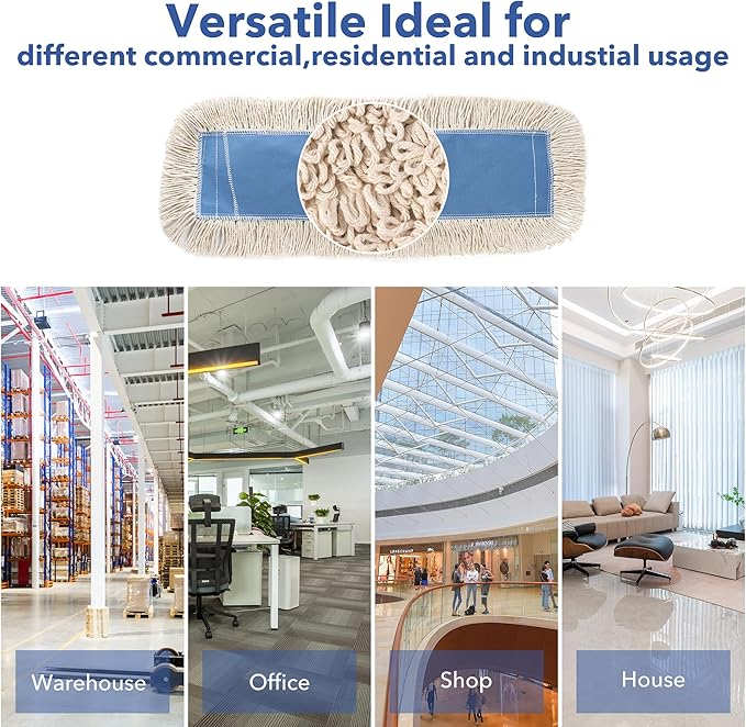 MATTHEW CLEANING 24'' Industrial Strength Cotton Dust Mop Refill Washable Replacement Heads For Residential & Commercial Use Fit Standard Dust Mop Frames, Hardwood,Concrete Floors Blue&White Pack of 6