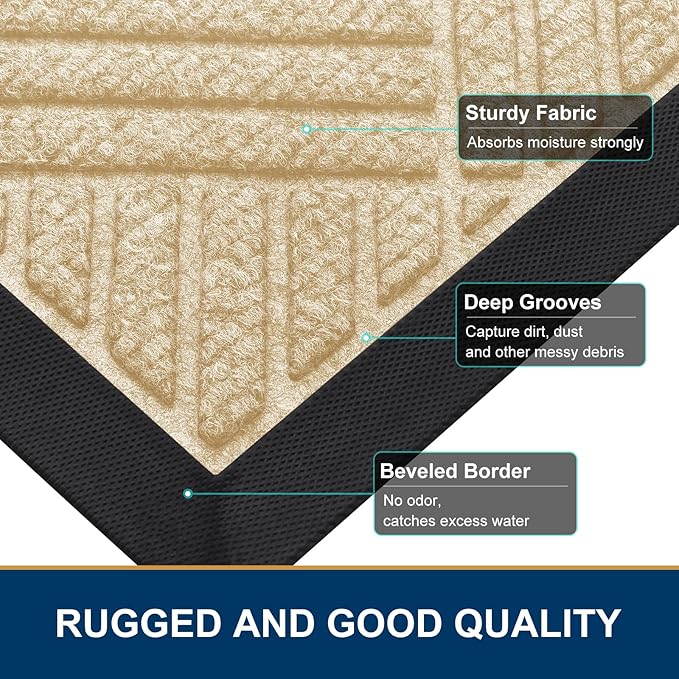 Smiry Front Door Mat Outside Entrance, Heavy Duty Outdoor Indoor Natural Rubber Doormat, Non Slip, Trap Dirt and Moisture, Easy Clean, Low Profile Patio Porch Entryway Mat, 71x23, Beige