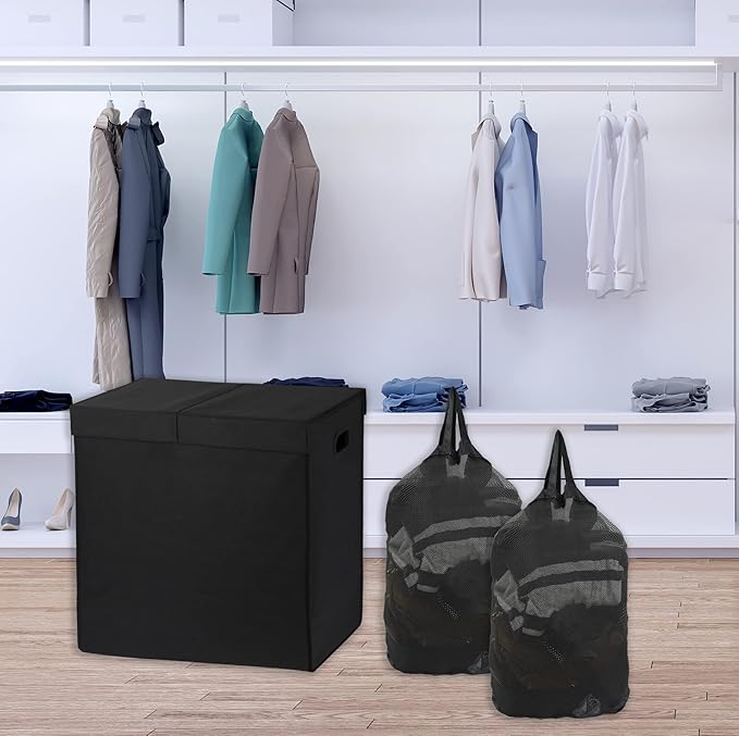 Simple Houseware Double Laundry Hamper with Lid and Removable Bags, Black
