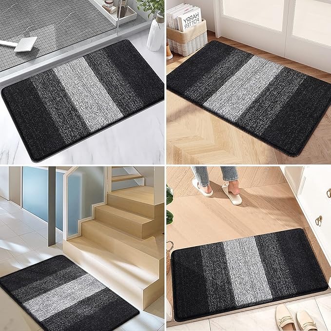 Kitinjoy Indoor Outdoor Door Mat, 30x17 Non-Slip Absorbent Dirt Trapper, Low-Profile Washable Inside Entrance Front Floor Mat, Sturdy Soft Entry Doormats for Entryway, Black