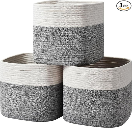 3 Pack Storage Cubes 11 Inch Cotton Rope Woven Baskets for Organizing Cube Bin Square Shelves Organizer,Classroom,Kids Toy Bins,Closet,Baby Nursery(Grey)