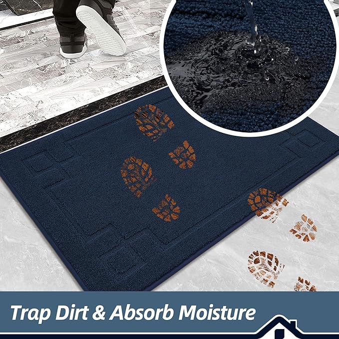 BEQHAUSE Door Mat 20" x 32", Non-Slip Door Mats Indoor Entryway Rugs Washable Low-Profile Absorbent and Stain Resist Floor Mats, Dog Door Mat for Front Back Door, Muddy Wet Shoes & Paws, Navy Blue