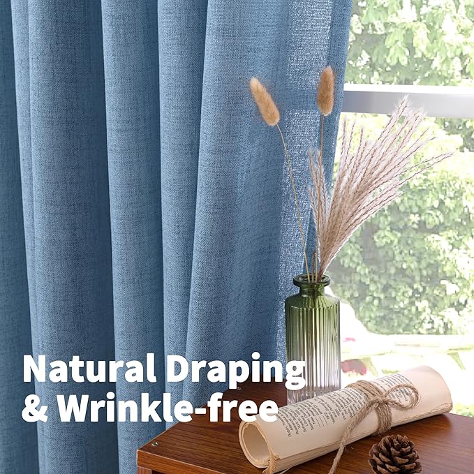 YoungsTex Denim Blue Linen Curtains 36 Inches Long for Bathroom Window, Small Drapes Light Filtering with Rod Pocket Back Tab Ocean Style for Kitchen Cafe Windows, 2 Panels, 42 X 36 Inch