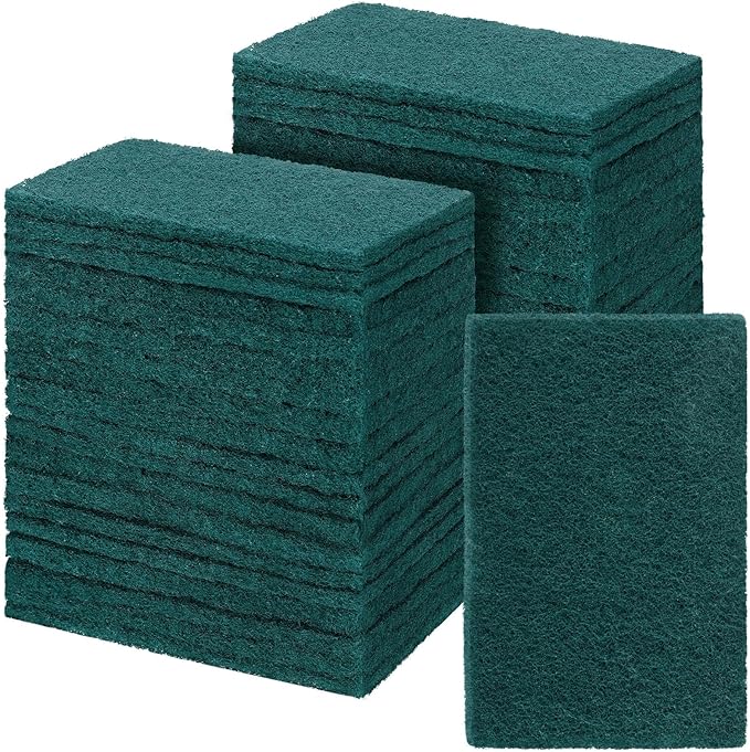 Hoolerry 50 Pcs Heavy Duty Scouring Pads Non Scratch Household Scrub Pads for Cleaning Reusable Pan Scrubber Anti Grease Scrubbing Pads for Dish Kitchen Metal Grills, 4.3 x 3 x 0.3 in (Green)
