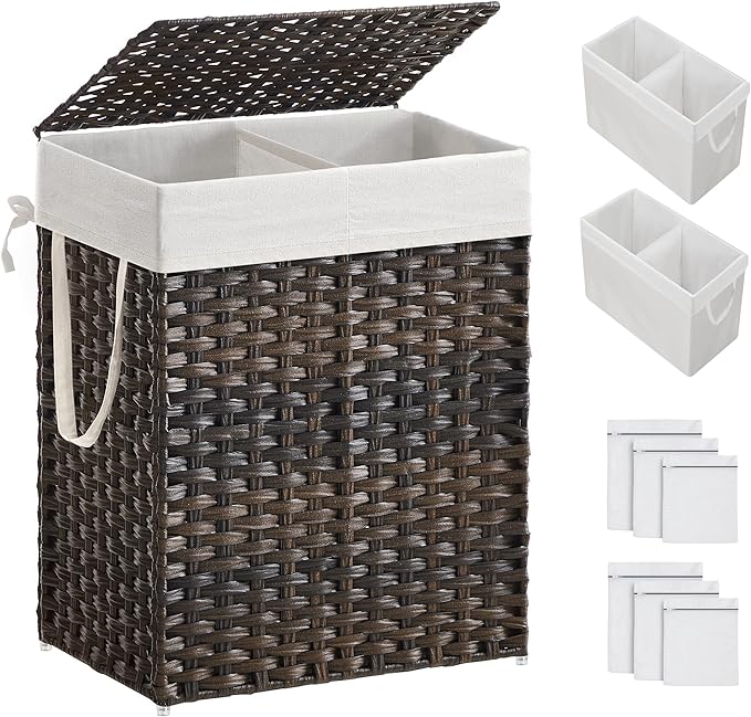 SONGMICS Laundry Hamper with Lid, 90L Clothes Hamper with 2 Removable Liner Bags, 6 Mesh Bags, Wicker Laundry Basket, Double Laundry Hamper for Bathroom, 13 x 18.1 x 23.6 Inches, Brown ULCB251K01V1