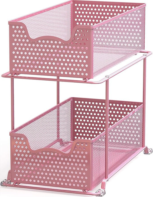 SIMPLE HOUSEWARE 2 Tier Sliding Cabinet Basket Organizer Drawer, Pink