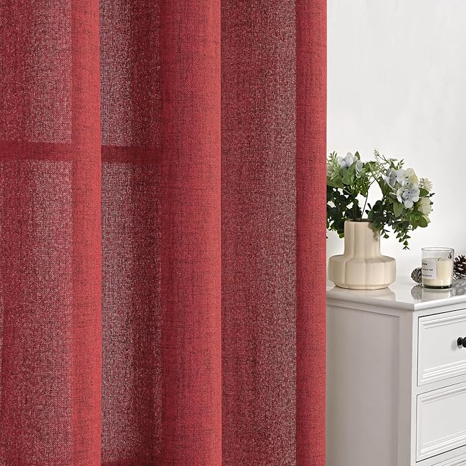 YoungsTex Red Linen Curtains 45 Inch Length for Kitchen, Short Window Drapes with Rod Pocket Back Tab Light Filtering Christmas Decor for Bathroom Cafe, 2 Panels, 42 X 36 Inch