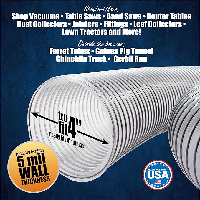 PVC Dust Collection Hose w/4 Thumbscrew Clamps, Puncture Resistant, Carbon Steel Wire, Clear Flexible PVC Dust Collector Hose, Proudly Made in USA (4" x 50')