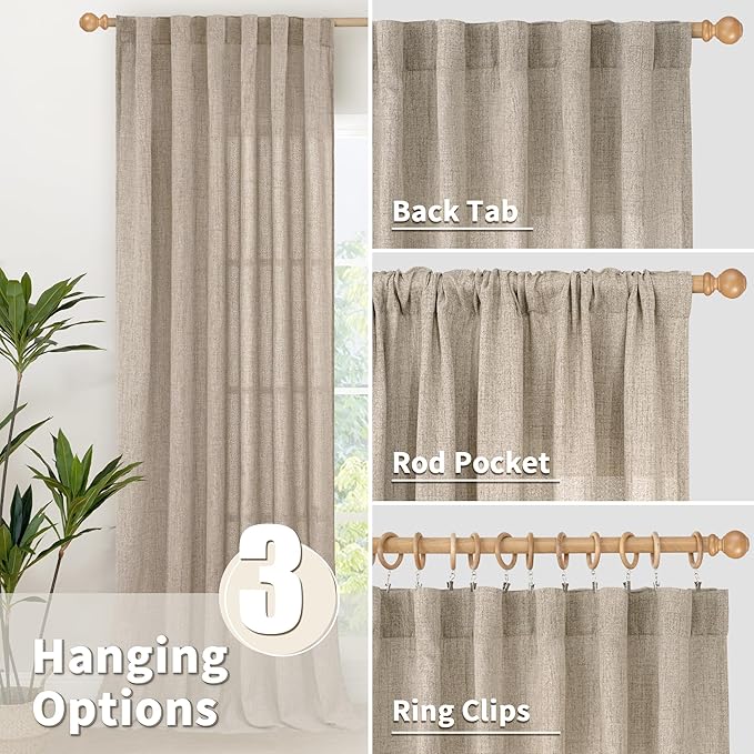 YoungsTex Dark Oatmeal Linen Curtains 63 Inch Length for Living Room, Semi Sheer Short Window Drapes Light Filtering Rod Pocket Back Tab Curtain for Bedroom, 2 Panels, 38 X 63 Inch
