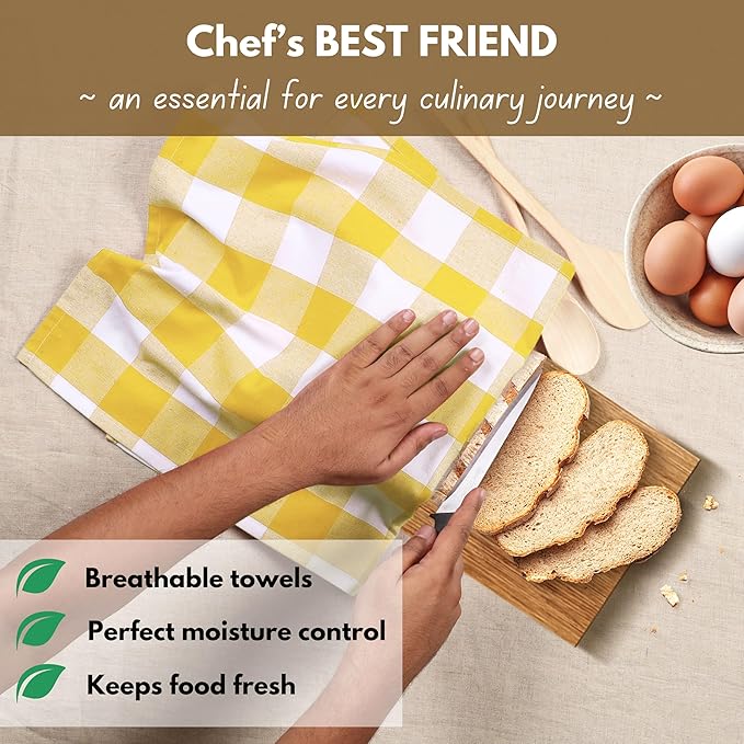 Native Fab Yellow Buffalo Dish Towel 16"x26", Set of 12 - Cotton Plaid Towels, Soft Absorbent Dishcloths with Hanging Loop, Kitchen Towels for Quick Drying - Yellow White