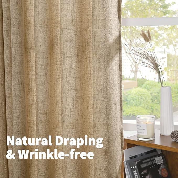 YoungsTex Burlap Linen Semi Sheer Curtains 72 Inch Length for Living Room, Semi Sheer Window Treatments Light Filtering with Rod Pocket Back Tab for Farmhouse Bedroom, Toffee, 2 Panel, 52 X 72 Inch