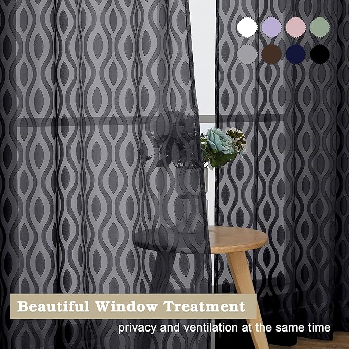 Aiyufeng Sheer Black Curtains 84 Inches Long 2 Panels, Solid Airy Light Filtering Clip Jacquard Window Treatments for Bedroom Living Room, Modern Wavy Line Rod Pocket Curtains, Total 80 inches Width