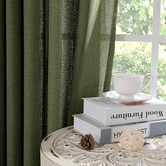 YoungsTex Olive Green Linen Curtains for Living Room 72 Inch Length, Light Filtering Rod Pocket Window Drapes Back Tab for Office Bedroom Farmhouse Lightweight, 2 Panels, 42 X 72 Inch