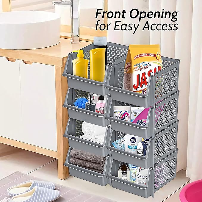 Skywin Plastic Stackable Storage Bins for Pantry, 12 Pack Stackable Bins For Organizing Food, Kitchen, and Bathroom Essentials (Grey)