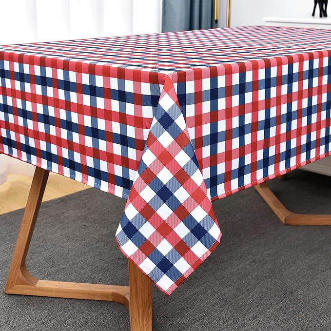 Patriotic Party Plaid Tablecloth Fabric - Rectangular 58x102 Inch Water Resistant Checked Table Cloth for Indoor/Outdoor Use - Table Cover for Independence Day Memorial Day