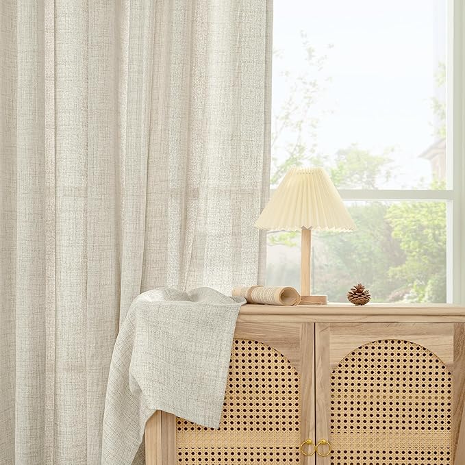 YoungsTex Boho Linen Curtains 36 Inch Length for Kitchen Cafe Window, Semi Sheer Half Window Drapes with Rod Pocket Back Tab Light Filtering Short Curtain for Bathroom, 2 Panels, 30 X 36 Inch
