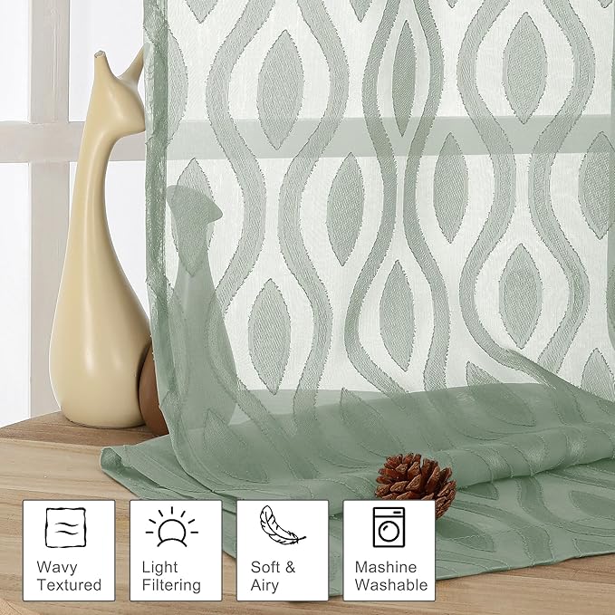 Aiyufeng Sheer Curtains 63 Inch Length 2 Panels Set, Solid Green Airy Light Filtering Voile Curtains Window Treatments for Bedroom Living Room, Modern Wavy Line Textured Curtains, 40" WX63 L Inches