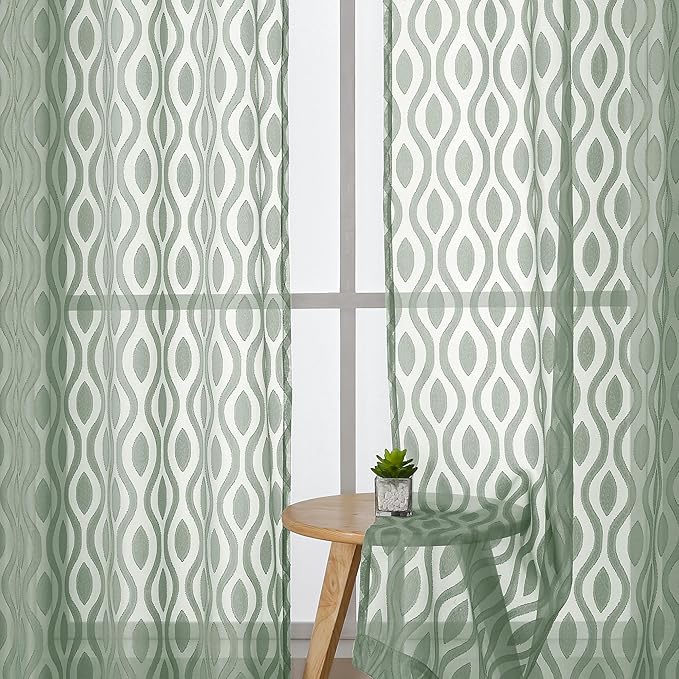 Aiyufeng Sheer Curtains 63 Inch Length 2 Panels Set, Solid Green Airy Light Filtering Voile Curtains Window Treatments for Bedroom Living Room, Modern Wavy Line Textured Curtains, 40" WX63 L Inches