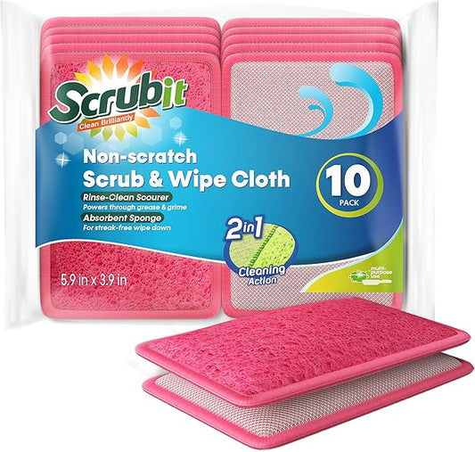 Scrub and Wipe Scrubbing Pads [10 Pack] – SCRUBIT Dual Sided Scouring Pad and Sponge - Reusable Kitchen Scrubbing Sponges for Dishes, Pots, Pans Utensils & Non-Stick Cookware (Pink)