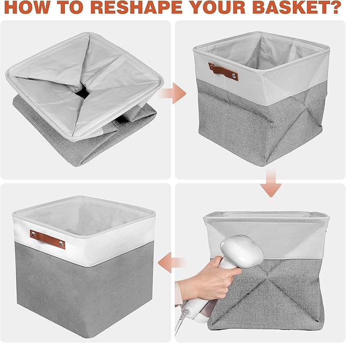 11in Open Fabric Storage Basket with Leather Handles for Organizing, Collapsible Linen Closet Bins for Shelves, Closets, Laundry, Decorative Basket for Gifts. (White＆Gray, 3PCS/11x11in)