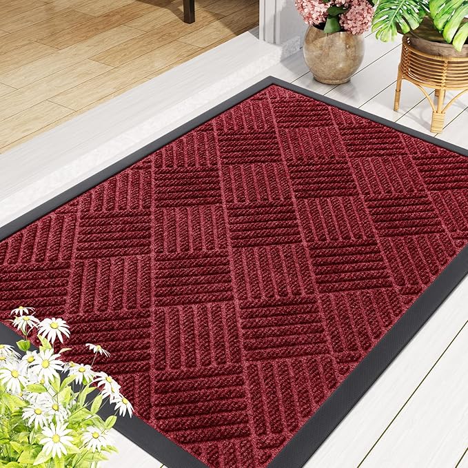 Smiry Front Door Mat Outside Entrance, Heavy Duty Outdoor Indoor Natural Rubber Doormat, Non Slip, Trap Dirt and Moisture, Easy Clean, Low Profile Patio Porch Entryway Mat, 29.5x17, Wine Red