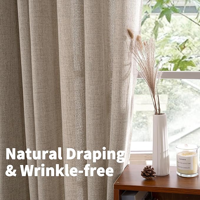 YoungsTex Linen Semi Sheer Curtains 95 Inches Long 2 Panels for Living Room, Textured Floor Length Drapes Light Filtering with Rod Pocket Back Tab for Bedroom, Dark Oatmeal,52 X 95 Inch