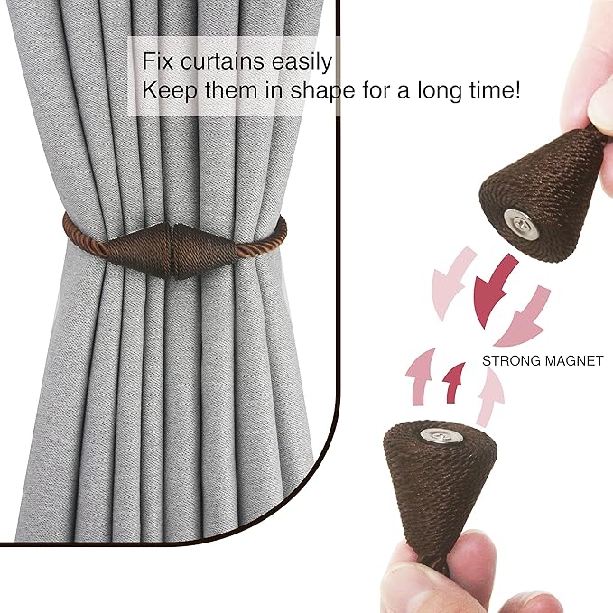 2 Pack Magnetic Curtain Tiebacks Rope Modern Handmade Curtain Tie Backs Decorative Drapes Weave Holdbacks for Window Décor, Coffee