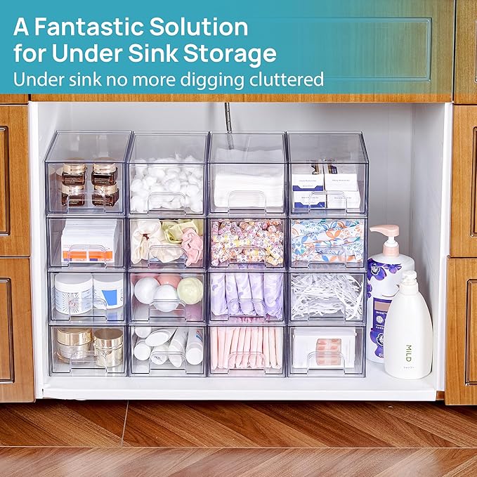 Vtopmart 6 Pack Clear Stackable Storage Drawers, 4.4'' Tall Acrylic Bathroom Makeup Organizer,Plastic Storage Bins For Vanity, Undersink, Kitchen Cabinets, Pantry, Home Organization and Storage