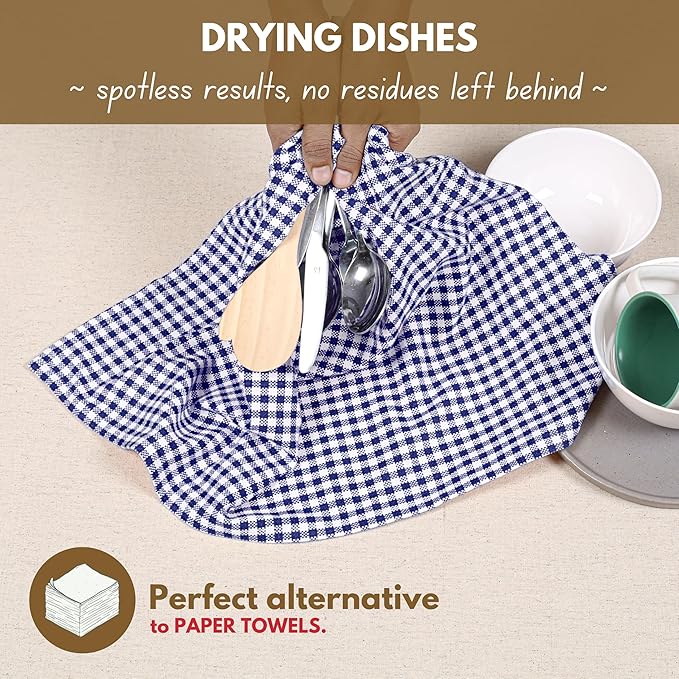 Native Fab Gingham Dish Towels 16x26 inches Set of 4 - Absorbent Washable Dishcloths, Dish Towels for Quick Drying Dishes, Kitchen Hand Towels with Hanging Loop, Blue White