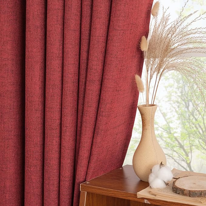 YoungsTex Red Linen Semi Sheer Curtains 72 Inch Length for Living Room - Light Filtering Drapes with Back Tab Rod Pocket Privacy for Bedroom Christmas Decor, 2 Panels, 52 X 72 Inch