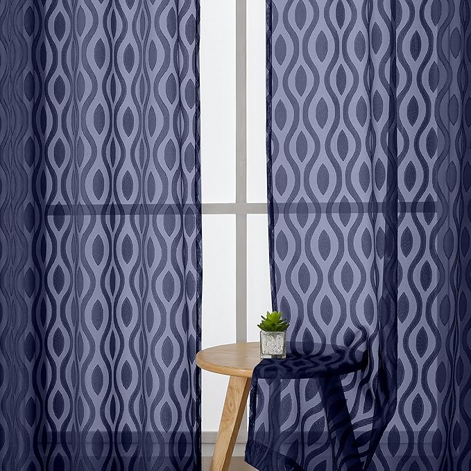 Aiyufeng Navy Blue Curtains - 84 Inch Length (2 Panels), Airy Lightweight Clip Jacquard Light Filtering Bedroom/Living Room Curtains - 80 Inch Width, Wavy Line Rod Pocket, Modern Style