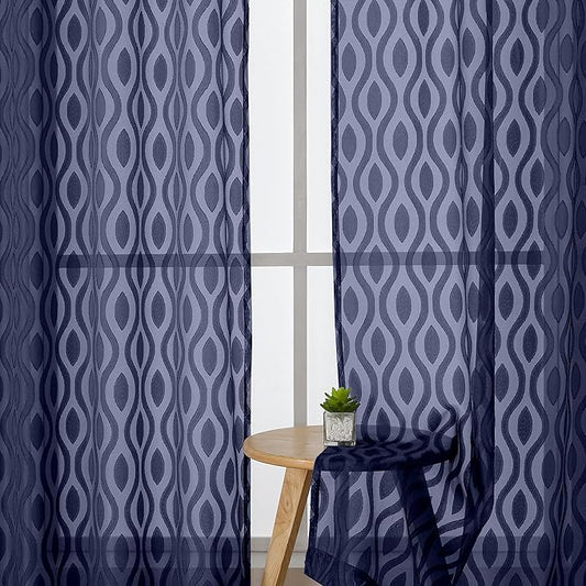 Aiyufeng Navy Blue Curtains - 84 Inch Length (2 Panels), Airy Lightweight Clip Jacquard Light Filtering Bedroom/Living Room Curtains - 80 Inch Width, Wavy Line Rod Pocket, Modern Style